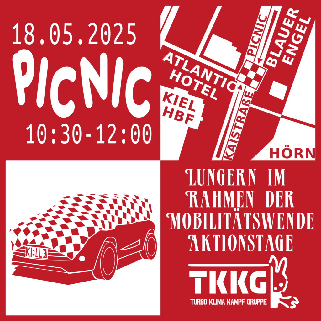 Kachel: 18.5.2025 Picnic 10:30-12:00 -Kachel Lungern im Rahmen der Mobilitätswende Aktionstage - TKKG - Kachel Auto mit abgedeckter Picknickdecke - Kachel mit Beschreibung des Weges zur Kaistraße 